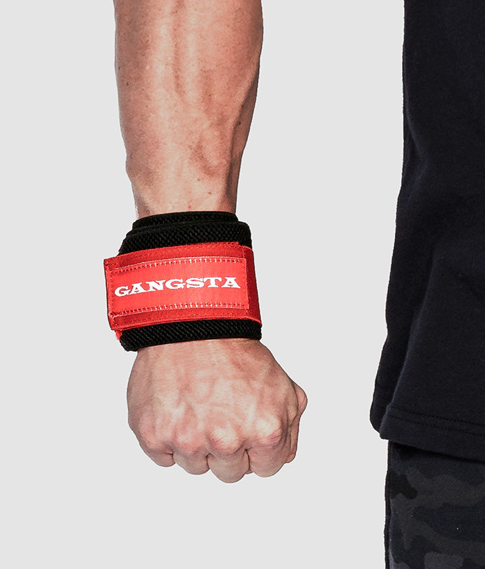 male wearing gangsta red wrist wraps